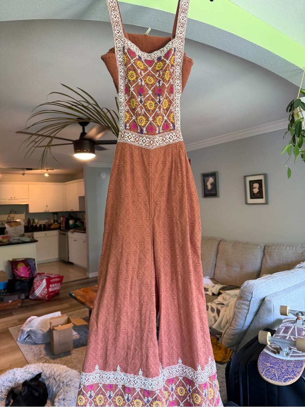 Anthropologie Rust Embroidered Boho Maxi Dress with Pink & Yellow Bodice- XS